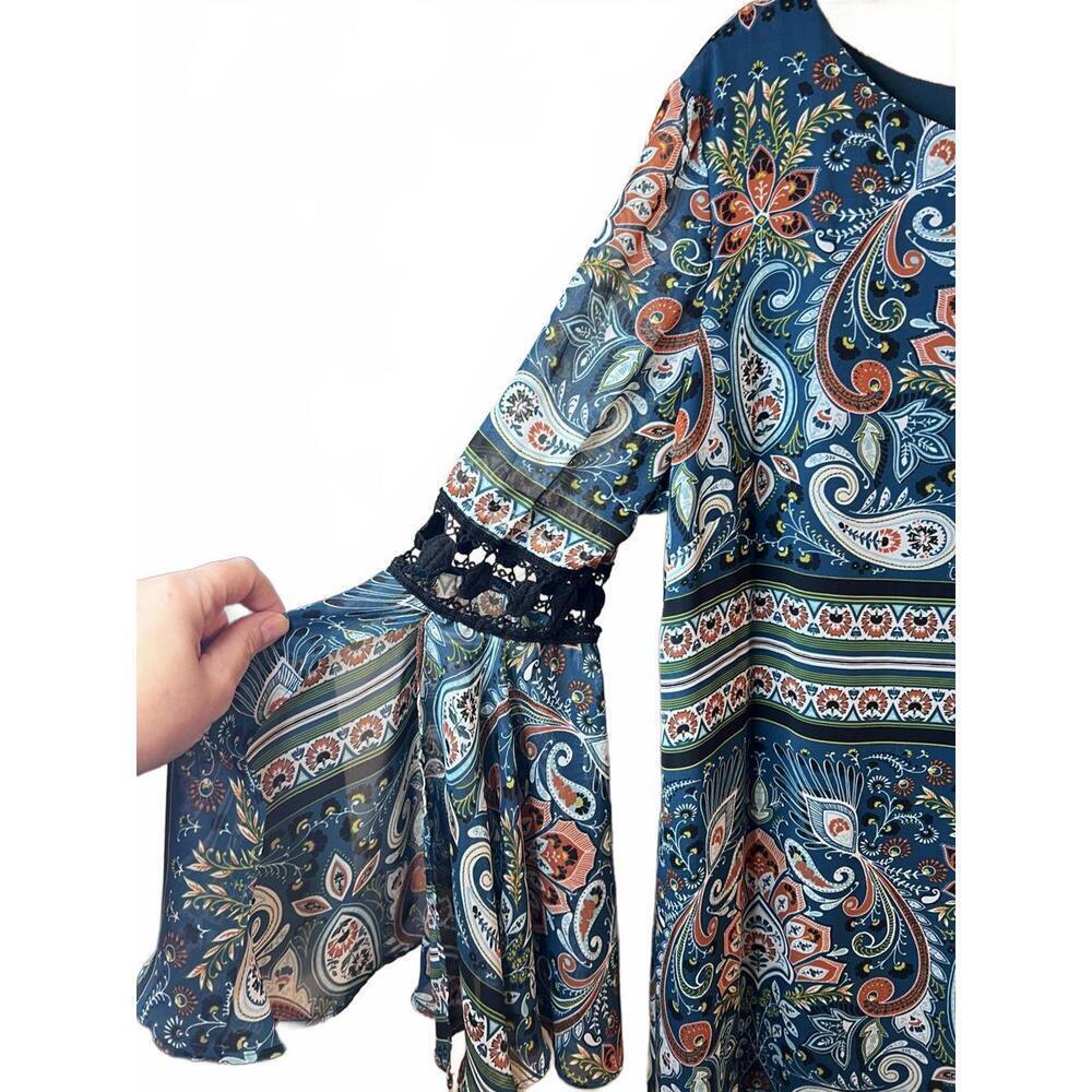 MSK Long Flared Bell Sleeve Shift Dress Crochet Details Size X-Large Boho Artsy - Picture 2 of 8